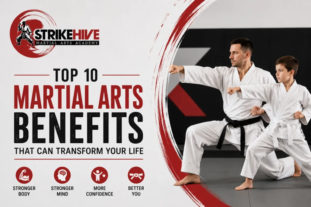 Top 10 martial arts benefits for kids and adults including fitness, confidence, self-defence, and discipline at StrikeHive Martial Arts Academy
